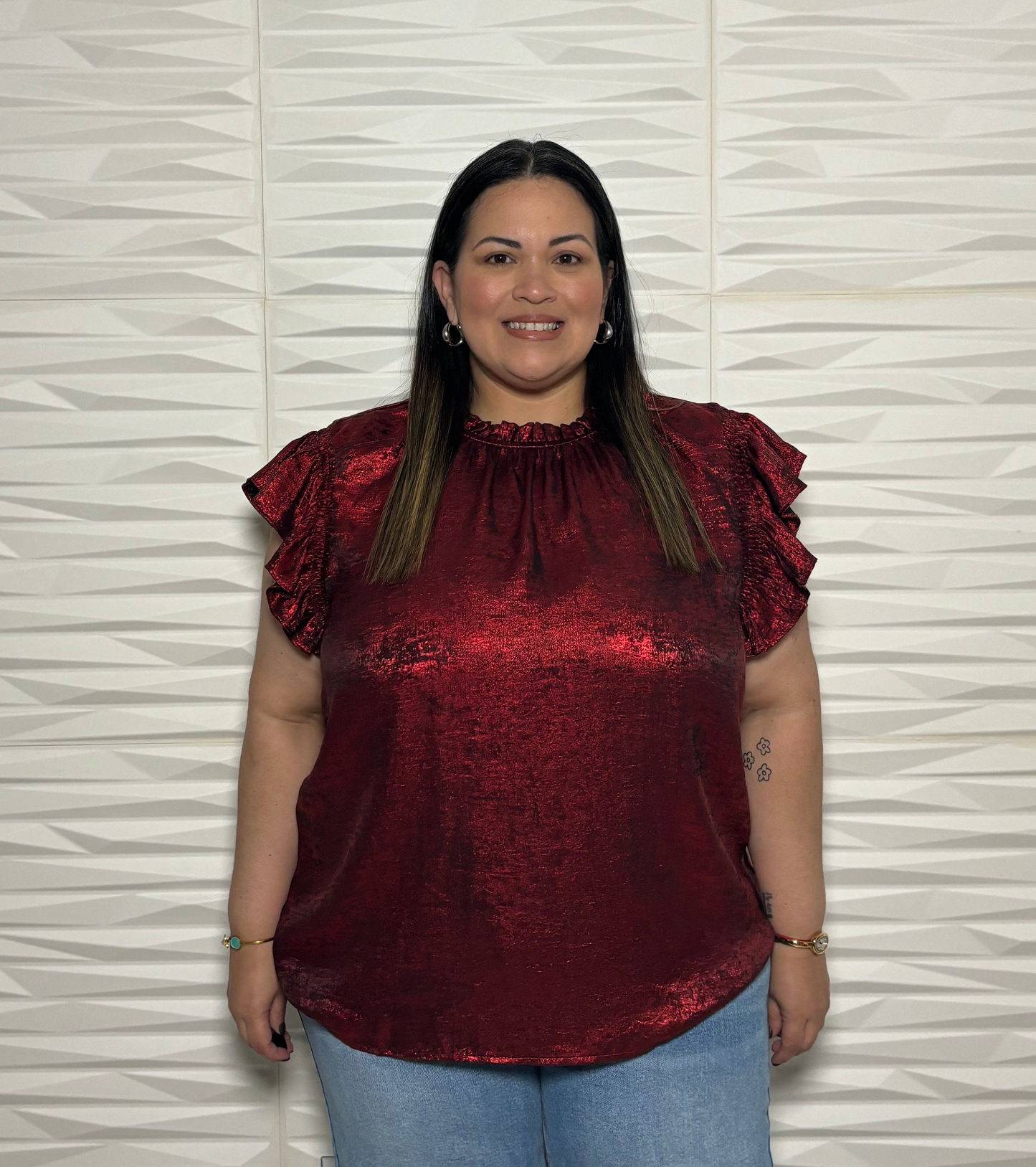 Foiled ruffle red top