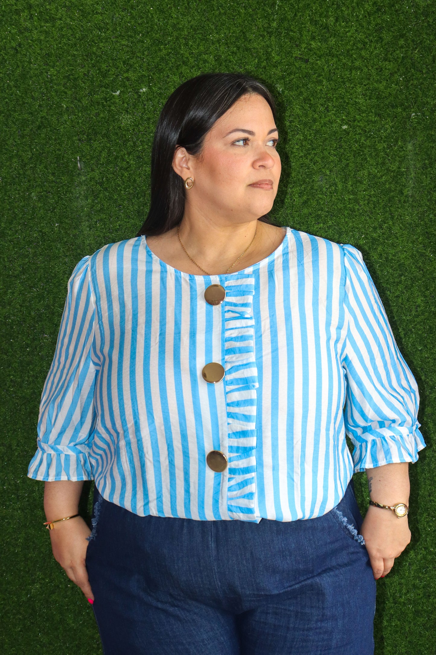 Blue ruffle stripe Top