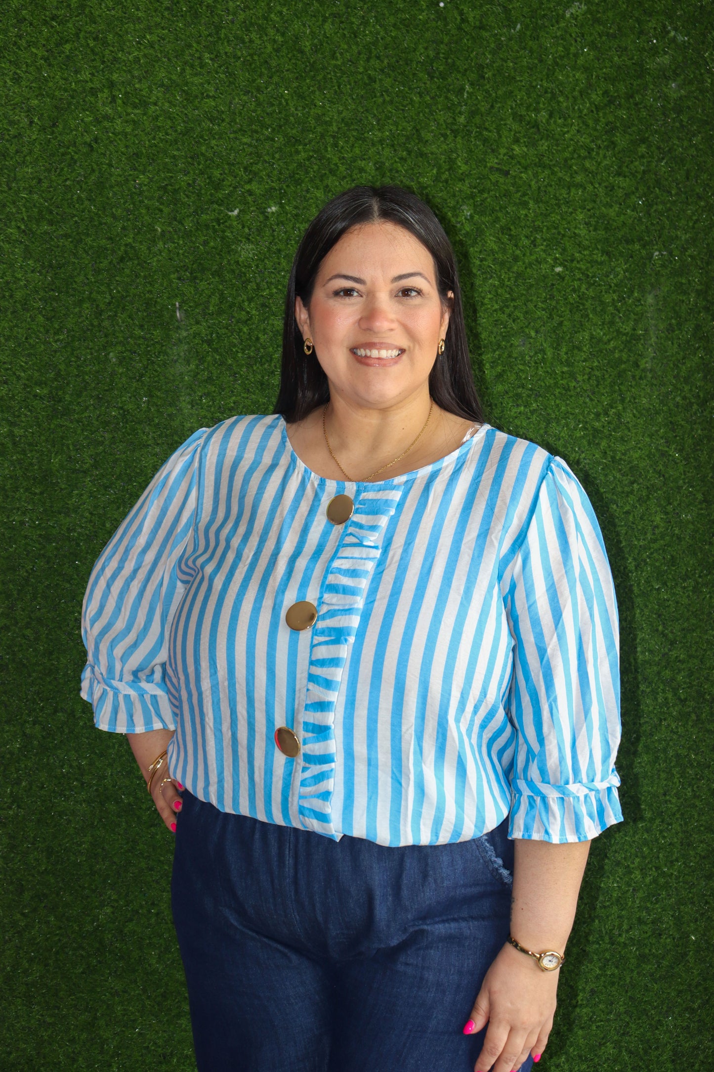 Blue ruffle stripe Top