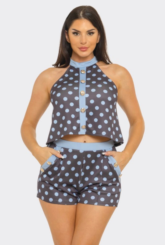 Brown-blue polka top