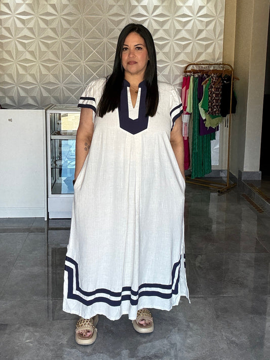 Cream-navy MIDI dress