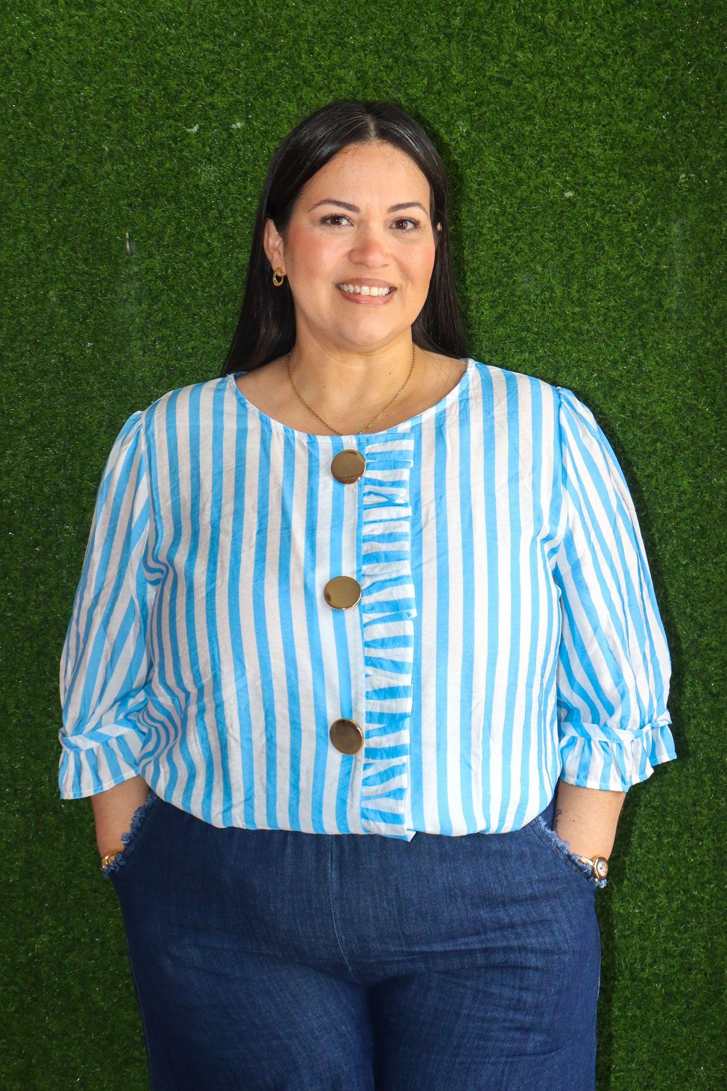 Blue ruffle stripe Top