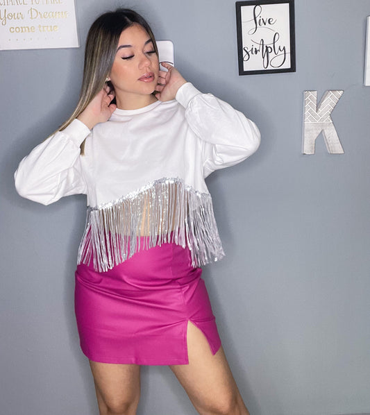 Pink leather skirt